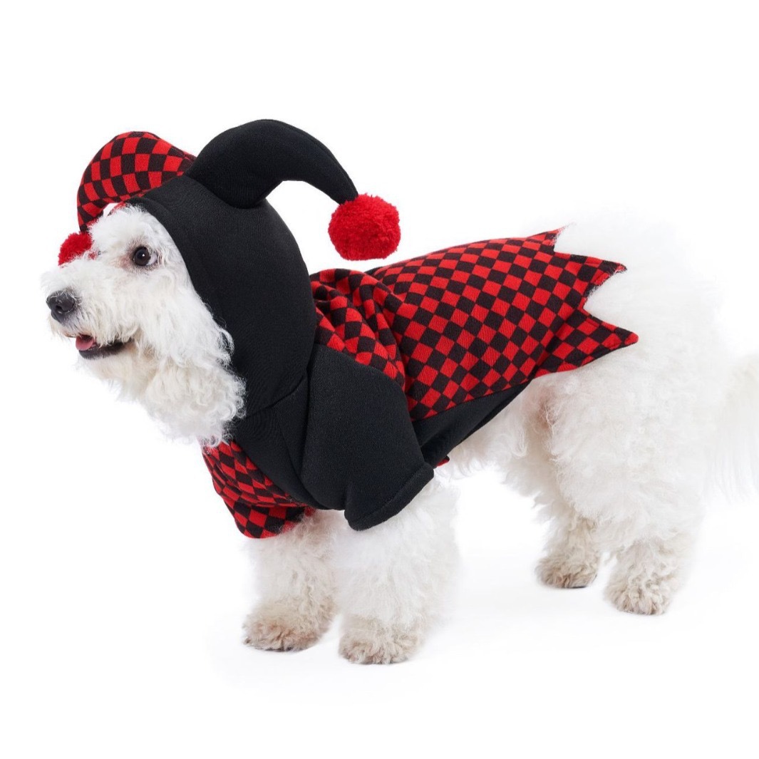 Checkered Pattern Pet Halloween Jester Costume with Pom Pom Hat For Dog